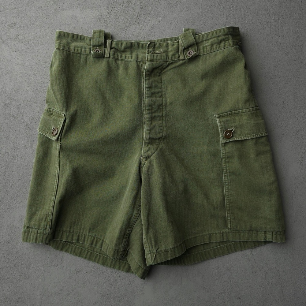 Vintage 1960s Dutch HBT Army Shorts Green Size 32 High Waisted Military